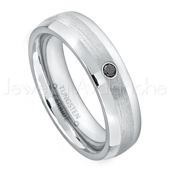6mm Comfort Fit Dome Tungsten Ring - 0.07ct Solitaire Black Diamond Ring - Personalized Tungsten Wedding Ring - Custom Made April Birthstone Ring TN006BS
