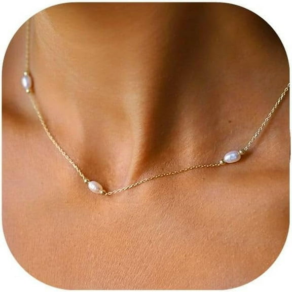 Pearl Necklaces For Women, 14K Gold Plated Handmade Dainty Pearl Chain Necklace Delicate Freshwater Pearl Pendent Necklace For Women Everyday Jewelry Gift[o5505]