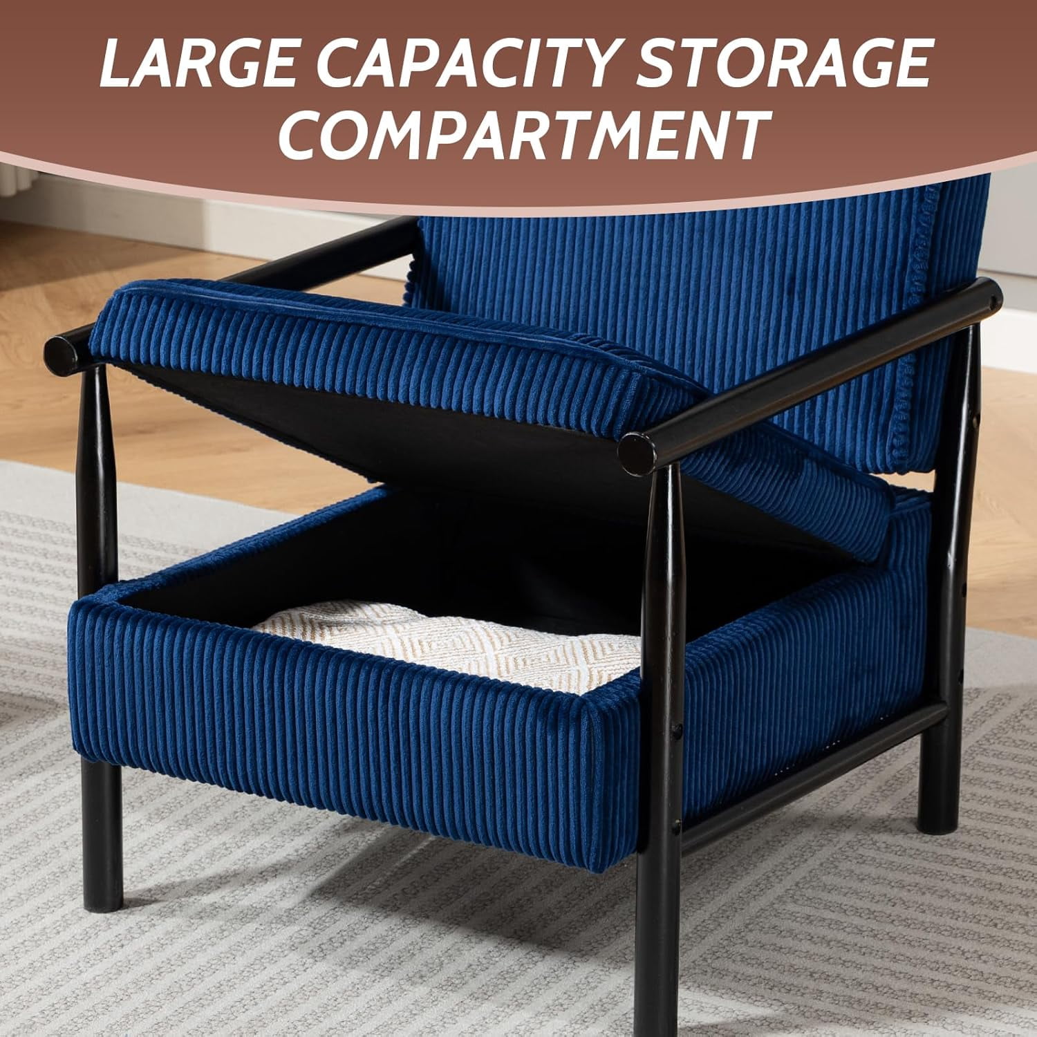 MOONMISS Accent Chair with Hidden Storage, Armchair with Solid Wood Frame, Corduroy Fabric Accent Chair for Living Room,Blue