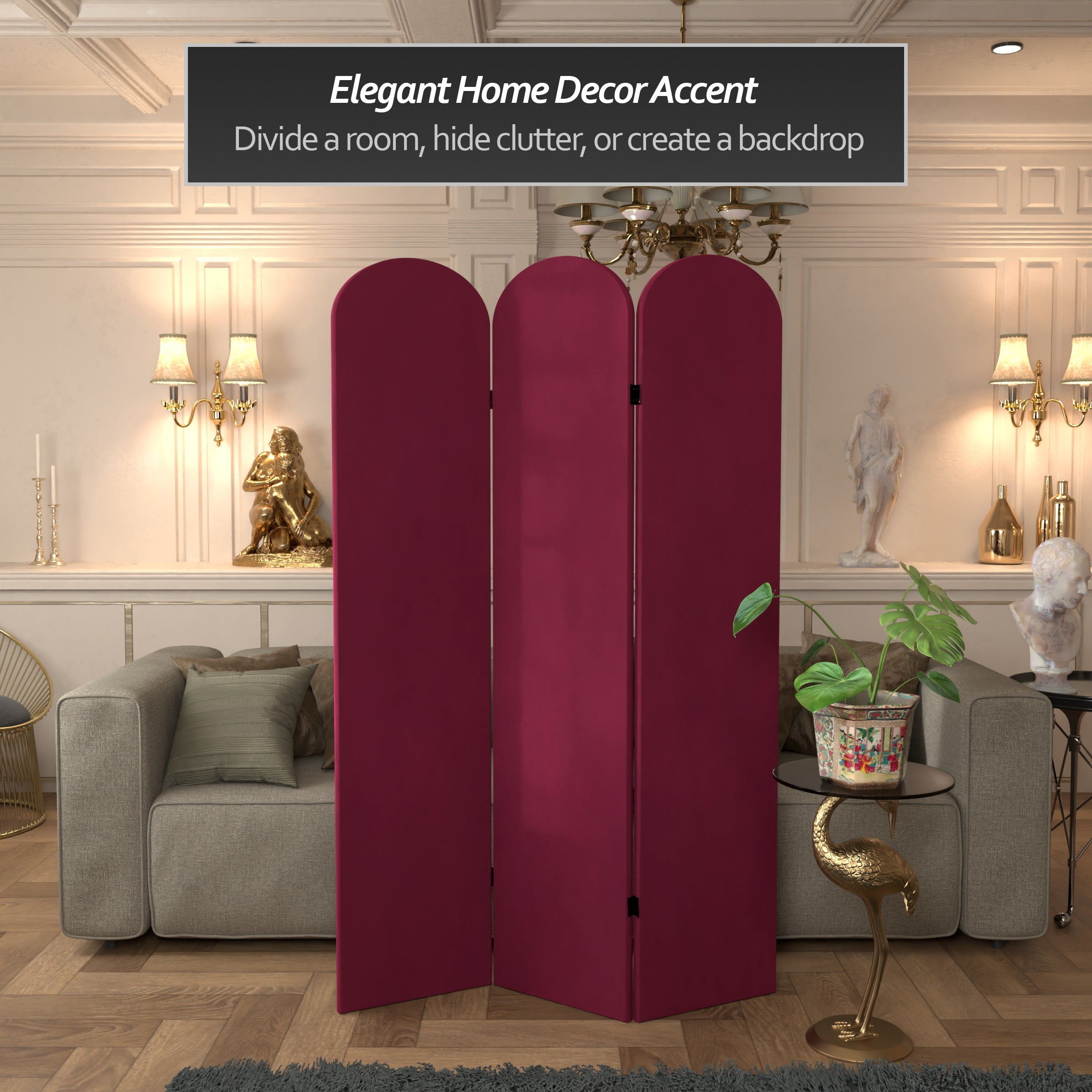 6 ft. Classic Arch Velvet Room Divider Burgundy 3 Panel