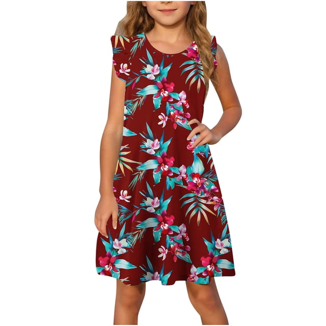 RXIRUCGD 2025 Vêtements d'Été pour Enfants Robe d'Été à Manches à Volants pour Filles 4-14T