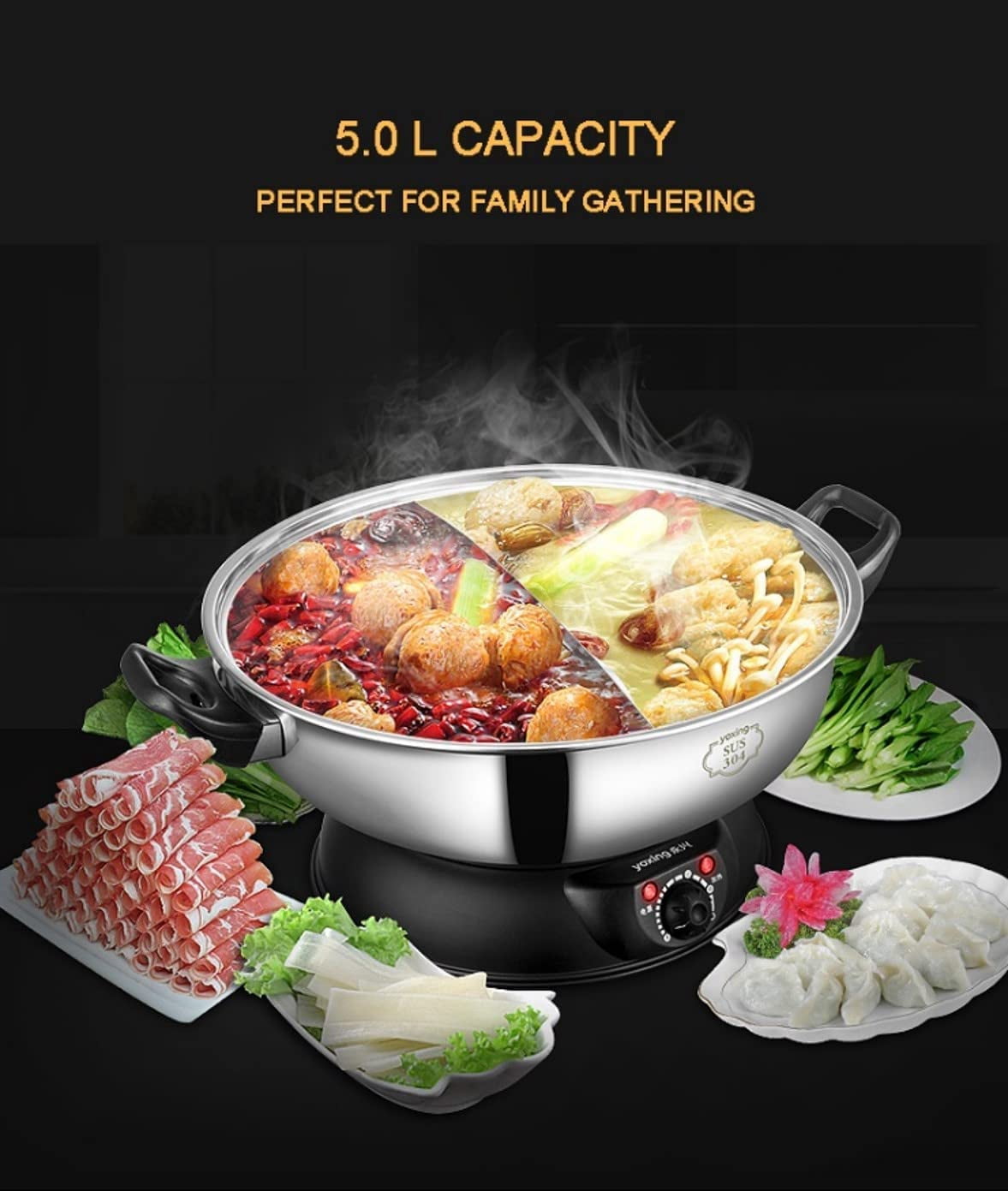 LP Living Plus Electric Dual Sided Stainless Steel Shabu Shabu Hot Pot with Burner and Glass Lid 5.0L