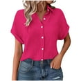 thumbnail image 2 of Womens Tops Plus Size Short Sleeve Turndown Collar Button Solid Color Blouse Hot Pink XL, 2 of 5