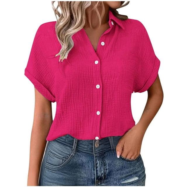 Mgmyaa Womens Button Down Shirts Casual Short Sleeve Dress Shirt Textured Collared Summer Work Blouse Tops