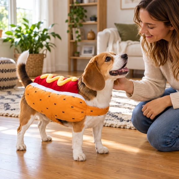 Dog Hot Dog Halloween Costume, Funny Food Inspired Pet Outfit For Costume Parties, Photo Sessions, Themed Events, Dress Up Activities, Pet Photography And Playful Holiday Gatherings
