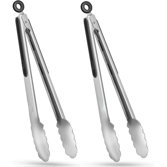 Stainless Steel Kitchen Tongs Set of 2-12 inch, BBQ Locking Metal Food Tongs Non-Slip Grip (Black)