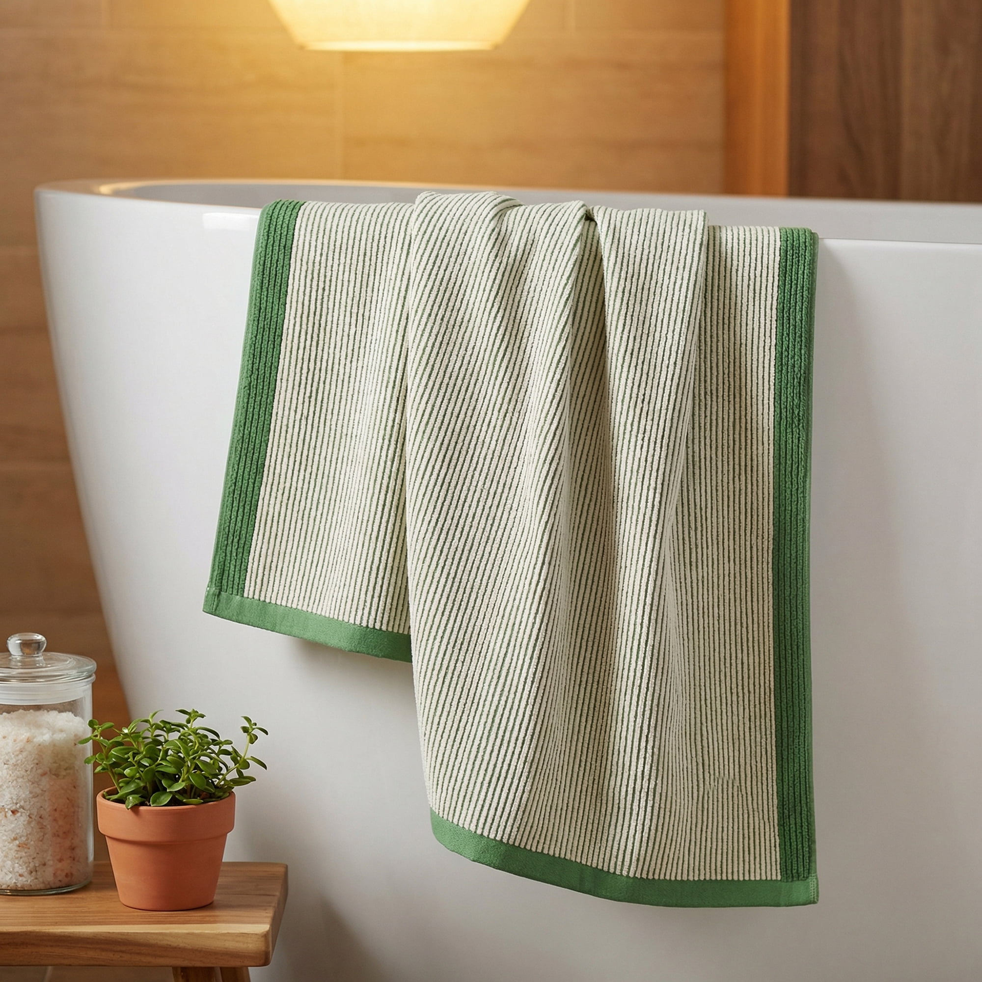Unique Bargains Soft Highly Absorbent Cotton Striped Bath Towel 2 Pack Green/Red 55"x28"