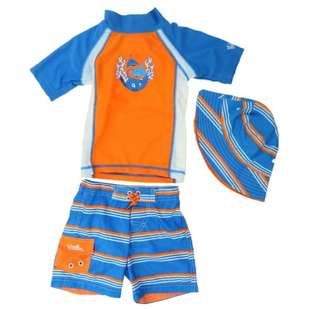 UV SKINZ Little Boys 3 Piece Rashguard Swimsuit Set (Stingray Stripe, 12/18M)