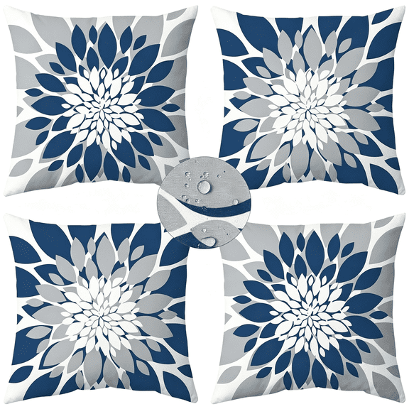 AUQ Pack of 4 Outdoor Waterproof Pillow Covers 18X18 Decorative Outdoor Throw Pillows Garden Square Cases for Patio Furniture, Couch, Tent Bench, Blue Grey