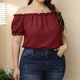 thumbnail image 2 of Womens Summer Tops Loose fit, Off Shoulder Shirt Tops for Women Plus Size T Shirts Solid Short Sleeve Tunic, 2 of 7