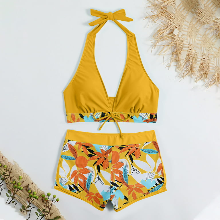 Herrnalise Womens Swimsuits Two Piece Halter V Neck Lace Up with Chest Pad  Without Underwire Print High-Waisted Patchwork Swimming Trunks Split Yellow