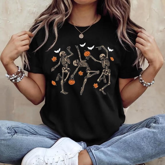 Cozy Orange Halloween Skeleton T Shirt, Graphic Tees for Women, Spooky Pumpkin Tops,Crew neck,Retro,cotton,black,S-5XL