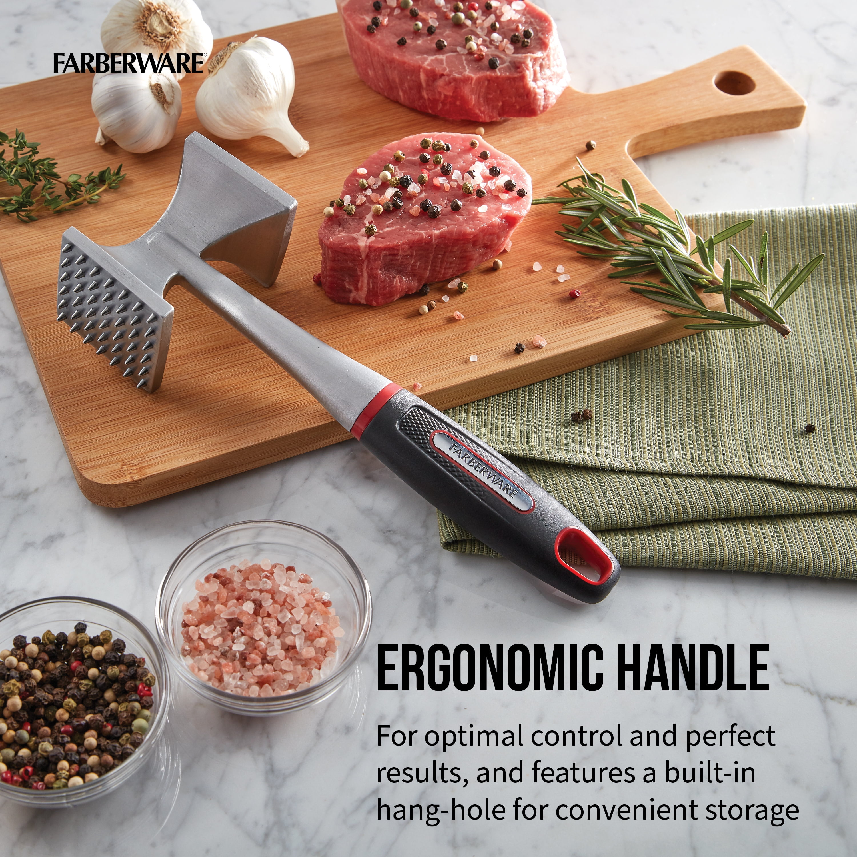 Farberware Soft Grips Meat Stainless Steel Tenderizer with Black Handle and Red Accents