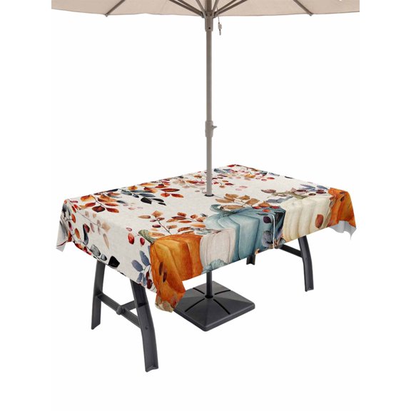Outdoor Tablecloth with Umbrella Hole and Zipper, Orange Blue Pumpkins Rectangle Table Cloth 60x102 Inch Waterproof Tablecloth, Thanksgiving Fall Leaves Farmhouse Picnic Table Cover for Patio Camping