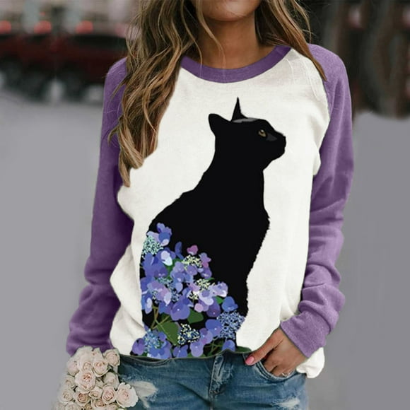 Black T Shirts for Women Fashion Women Casual O- Neck Cat Print Long-Sleeved T-Shirt Cat T Shirts for Women T Shirts for Teen Girls Black Cat Shirts for Women