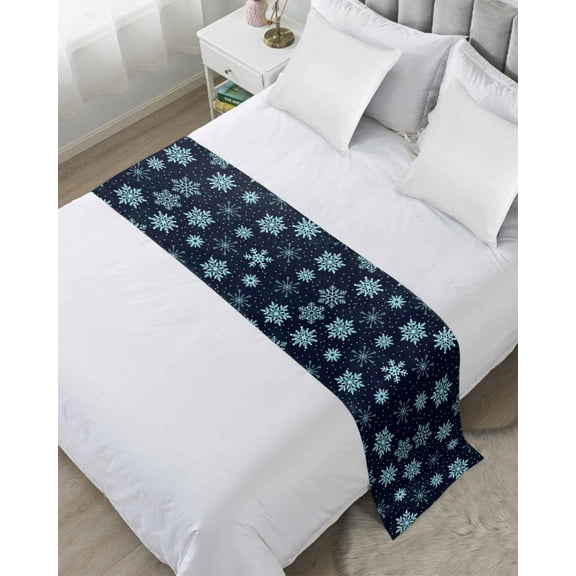Blue Black Christmas Bed Runner for Twin Size Bed, Xmas Snowflake Winter Bedspread Protector Slipcover Bed Scarf for Foot Bed Runners & Scarves for Bedroom Hotel Wedding Room 71x20 Inches