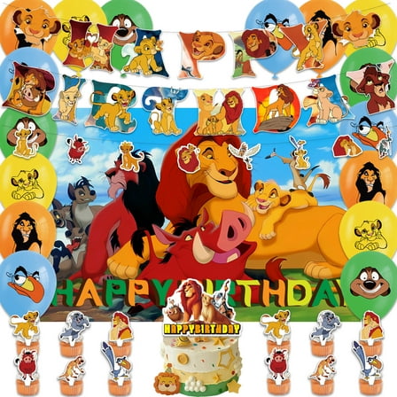 Lion King cartoon birthday party supplies, party decorations include happy birthday banner, balloons, backdrop, cupcake toppers, hanging swirls for kids boys