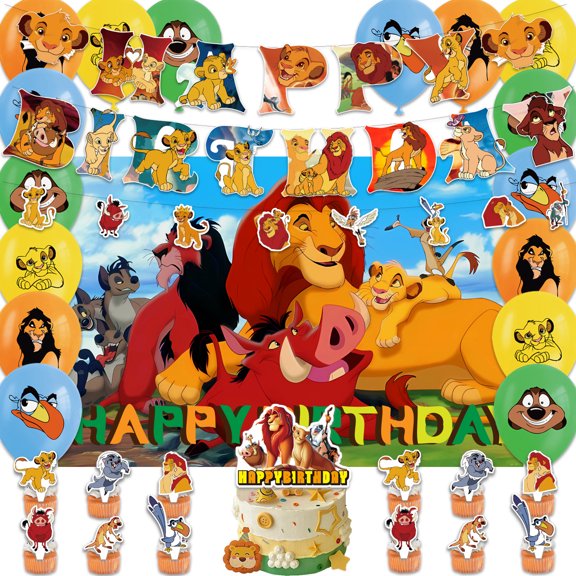 Lion King cartoon birthday party supplies, party decorations include happy birthday banner, balloons, backdrop, cupcake toppers, hanging swirls for kids boys