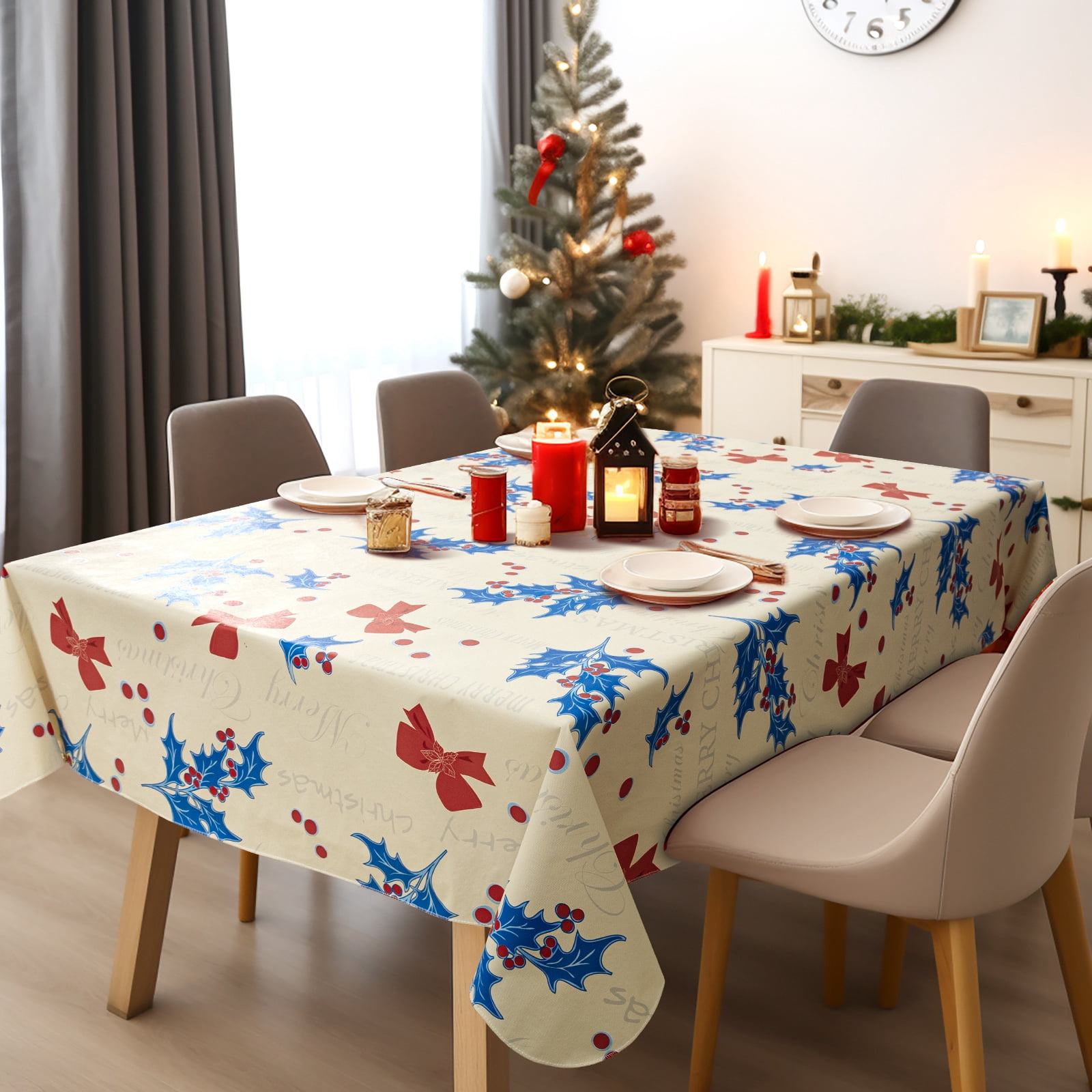 RAY STAR 52x70in Rectangle Vinyl Christmas Tablecloth 100% Waterproof Oil Proof PVC Xmas Decorative Table Cloth