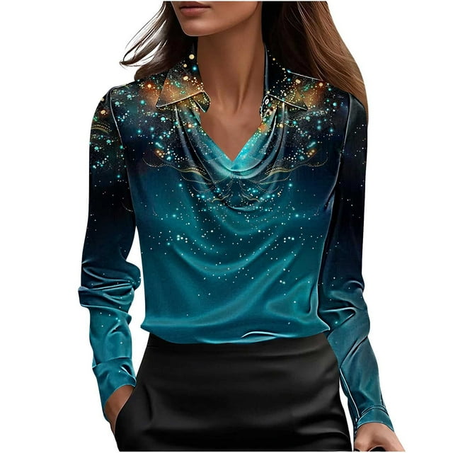 Printed Drop Neck Tunic for Women Boho Floral Pattern Long Sleeve Top with Button Front Relaxed Casual Blouse