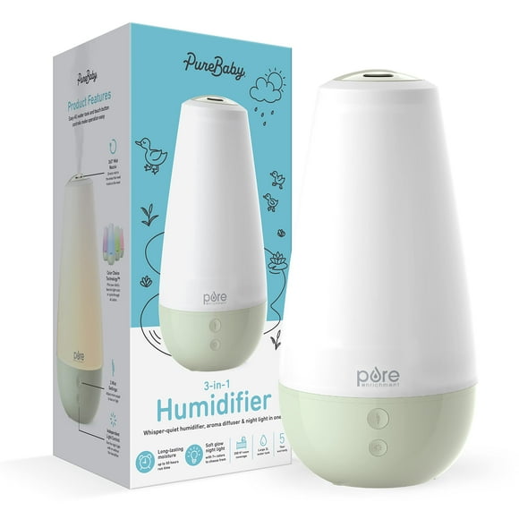 Pure Humidificateur 3-en-1 Silencieux, Veilleuse Changeant de Couleur, Diffuseur d'Huiles Essentielles pour Chambre de Bébé et Enfants