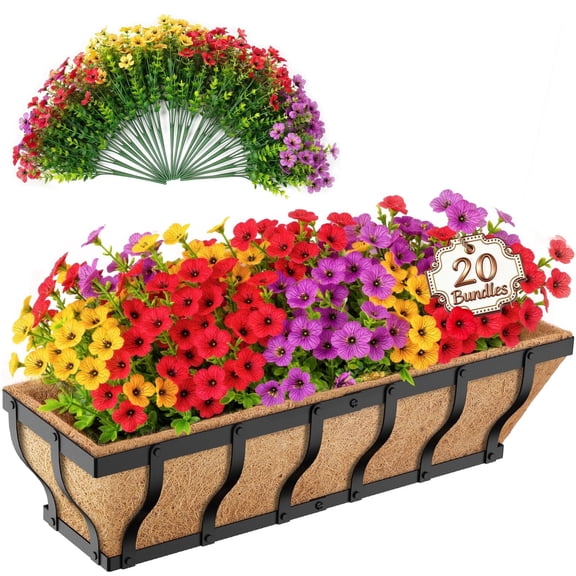 VOXOR 24 inch Metal Adjustable Railing Planter Box with Artificial Daisy Flowers, Colorful Outdoor Deck Rail Hanging Flower Box, 1 Pack