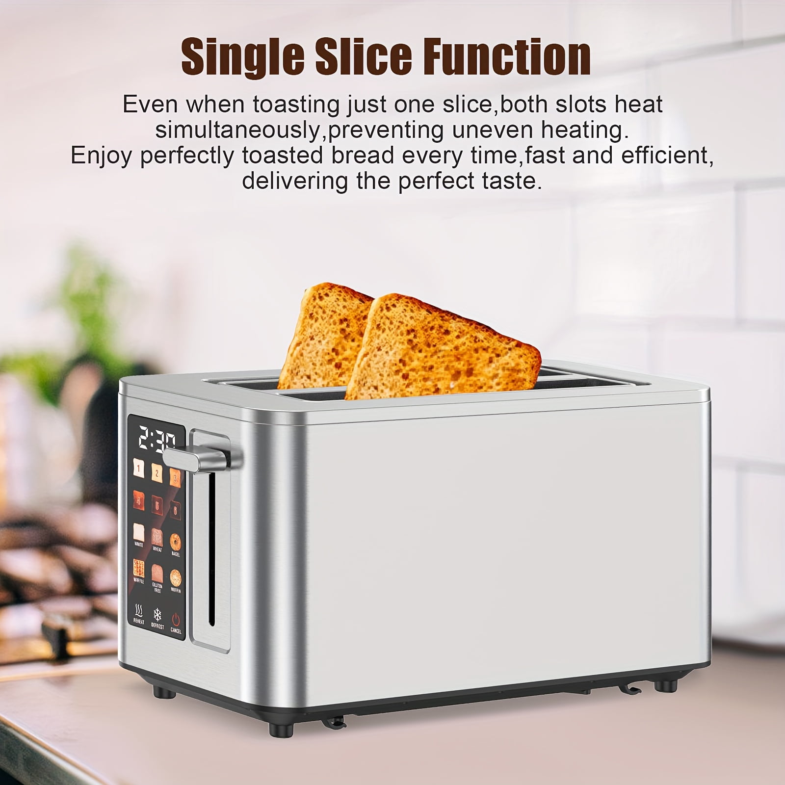 2 Slice Digital Touchscreen Toaster, 6 Bread Types, 6 Shade Settings, Wide Slots, Removable Tray, Compact & Easy Clean