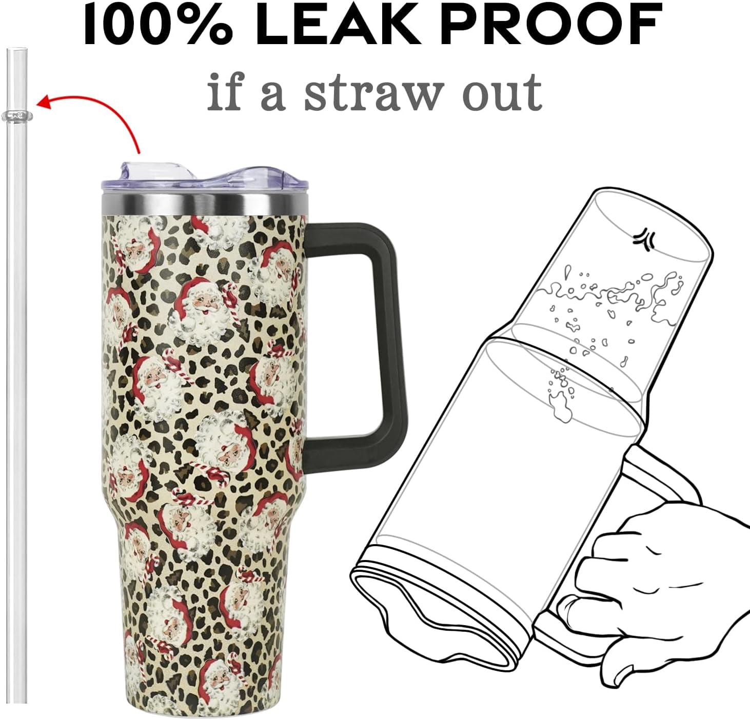 Christmas Santa Leopard Tumbler with Handle and Straw Lid 40 oz,Cute Christmas Gifts for Women Vacuum Insulated Leak Proof Tumbler,Winter Holiday Accessories Stainless Steel Coffee Cup Mug