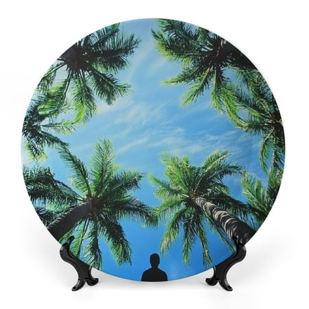 

FUMJ Palm Trees Blue Sky Person Bone China Decorative Plate for Room Decoration 7x7inch