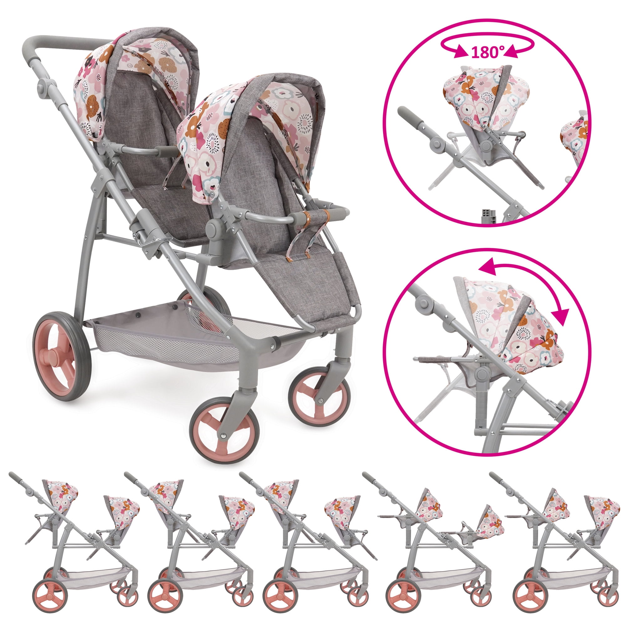 509 Crew: Melange Flora - Twin Doll Shopper Pram - Gray-Pink-Flower, Adjustable Stroller Seating Positions, Canopy-Basket, Doll Accessory Toy, Kids 3+