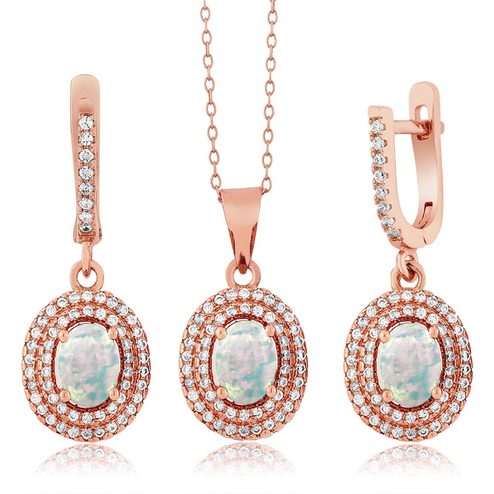 3.52 Ct Oval Simulated Opal 925 Rose Gold Plated Silver Pendant Earrings Set by