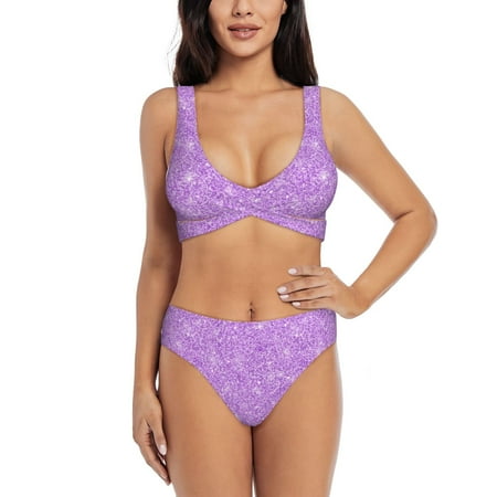 Zeuib Lilac Glittering High Waisted Tummy Control Bikini Set - Knot Front Push Up Top & Cheeky Thong Bottom  Two-Piece Swimsuit for Women-Medium