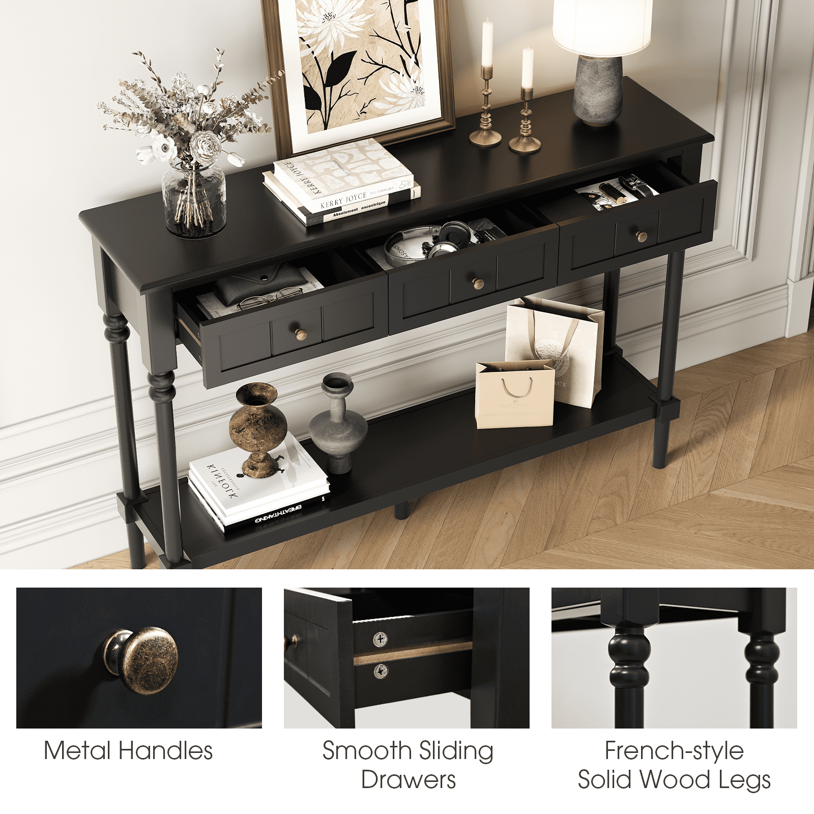 JOINICE Console Tables with Drawers,43" Entryway Table with Shelf and Solid Wood Legs,Narrow Long Sofa Table with Storage, Wood Foyer Tables for Entryway,Living Room,Hallway,Black