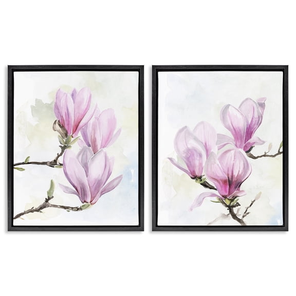 Stupell Industries Pink Magnolia Flower Blossoms Botanical & Floral Painting Black Floater Framed Canvas Art Print Wall Art, 17 x 21, Set of 2