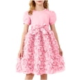 thumbnail image 1 of SBYOJLPB Robe Unie pour Enfants Col Rond Manches Courtes Robe d'Été Fille en Maille avec Nœud Jupe Décontractée et Confortable, 1 of 5