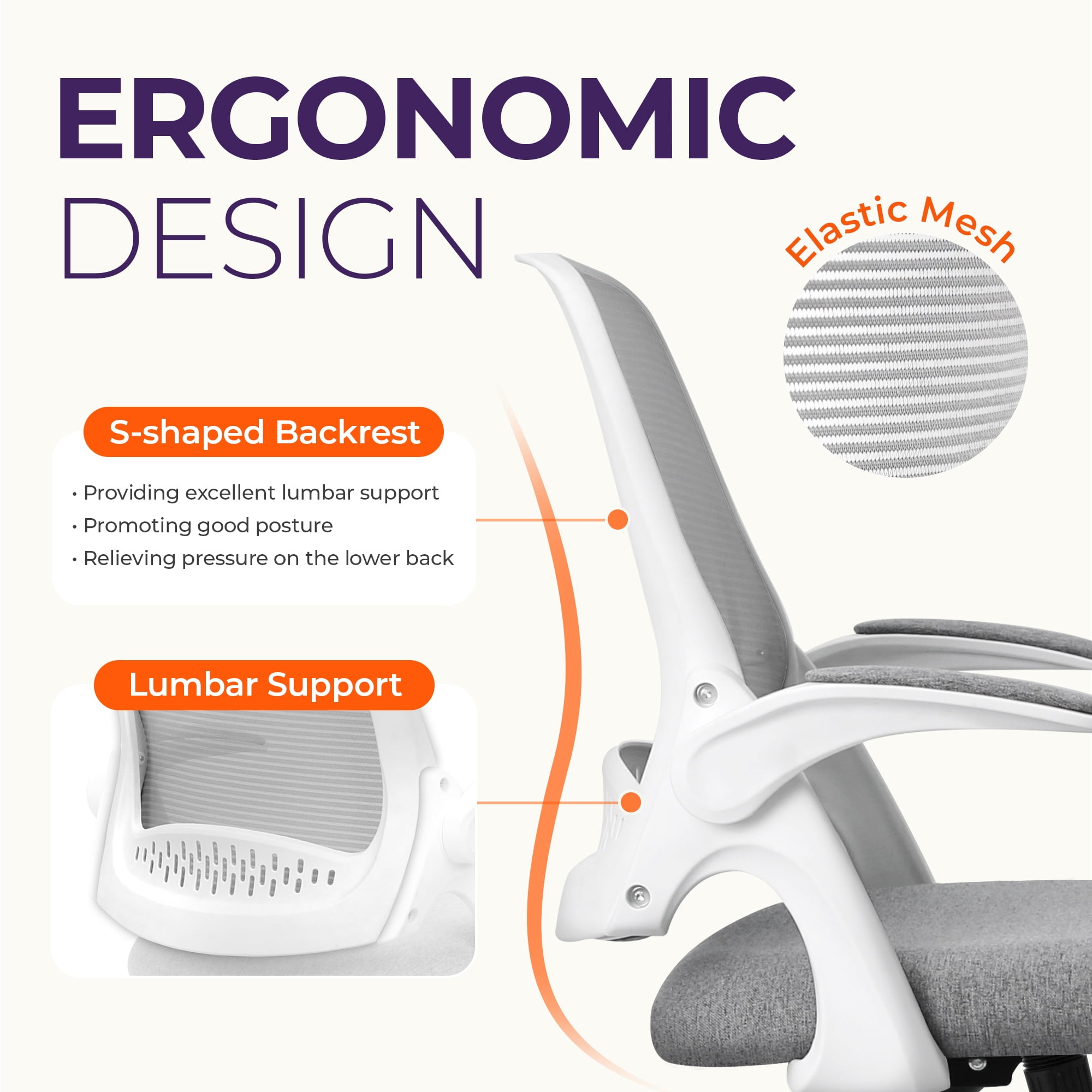 NEO CHAIR Office Chair, Flip-up Padded Armrests Desk Chair, Ergonomic Back Support, Gray