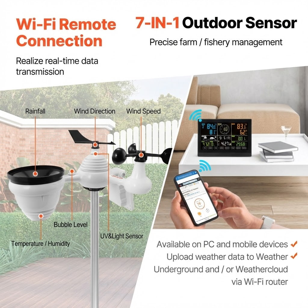7-in-1 Wi-Fi Weather Station, 7.5 in Color Display, Home Weather Station Indoor Outdoor, with Solar Wireless Outdoor Sensor  Alarm Alerts, for Temperature Humidity Wind Speed/Direction Rain