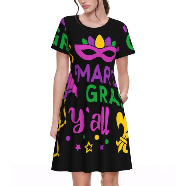 Balery Mardi Gras with Flamingo Vestidos sueltos de manga corta para mujer, vestidos de verano 2025, vestidos casuales de corte A con vuelo.