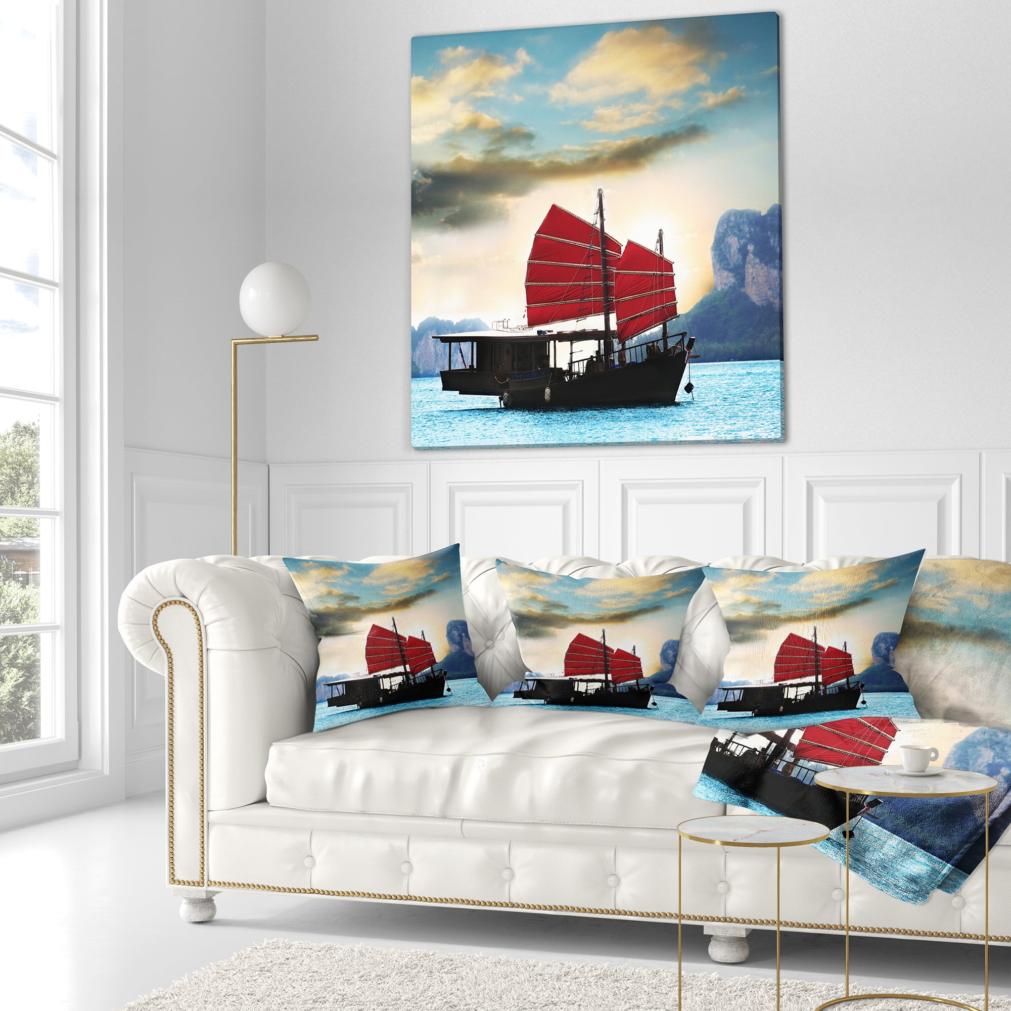 Designart Large Chinese Sailing Ship - Seashore Throw Pillow - 16x16