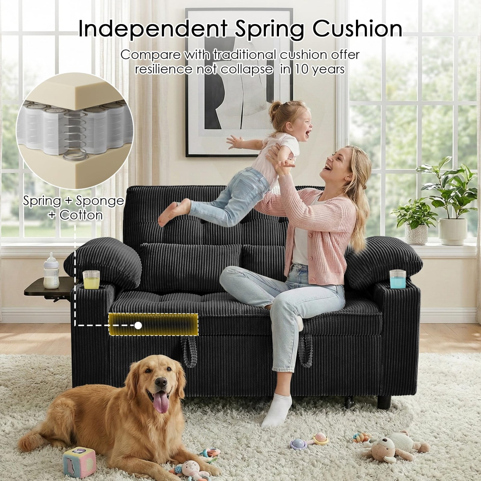 58" Sleeper Sofa Bed, Convertible Pull Out Couch Full Size Loveseat with Corduroy Fabric, USB Charging, Adjustable Backrest for Living Room Apartment Office, Black