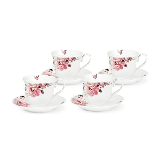 Elegant Durable and Colorful Porcelain Tea-Coffee Cups and Saucers Set - Pink Floral and Butterfly, Set of 4