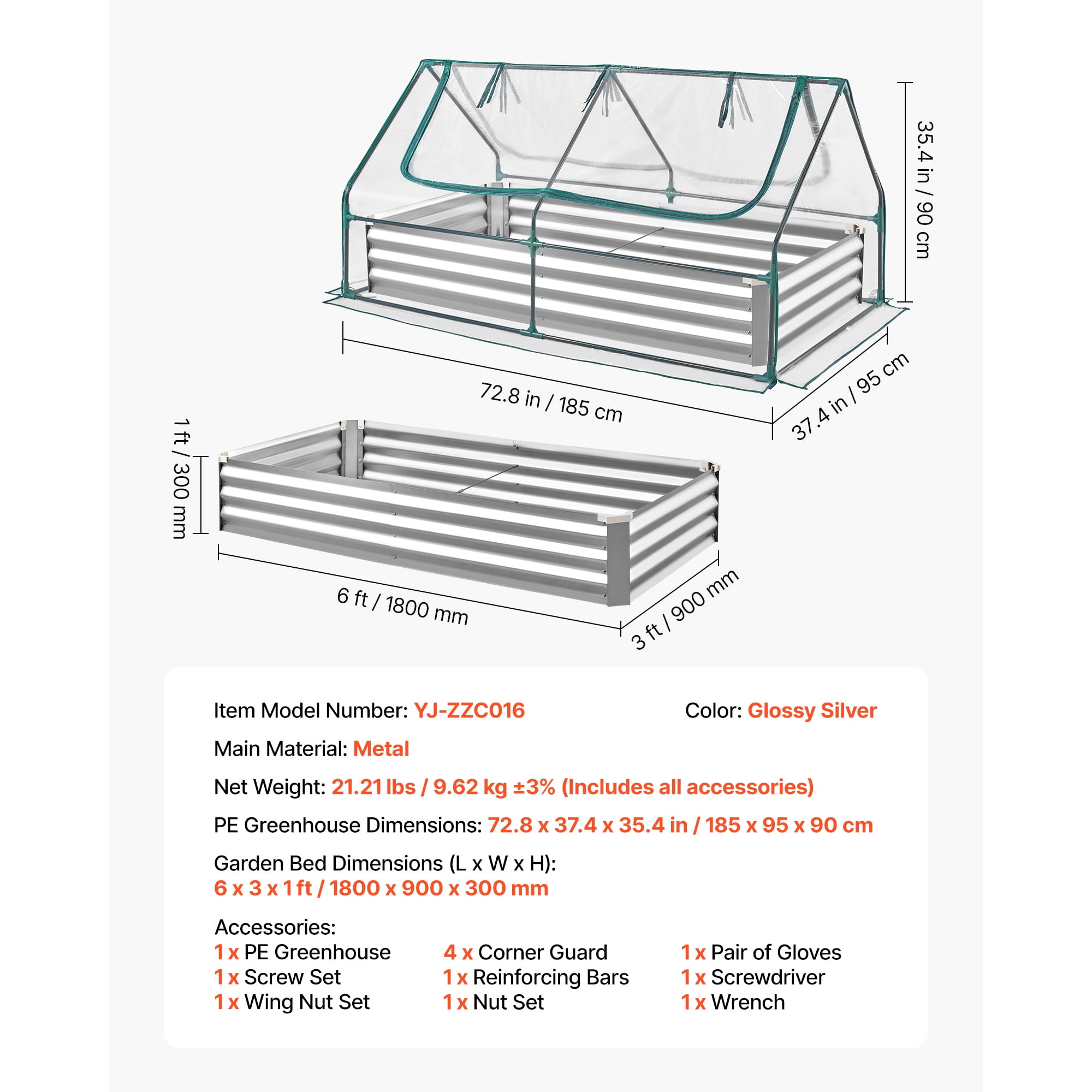KFFKFF Rectangular Raised Garden Bed with Cover, 6 x 3 x 1 ft, Galvanized Metal Planter Box Kit for Outdoor Use, Includes PE Greenhouse Cover & Gloves, Rust-Resistant Alu-Zinc Material, Silver