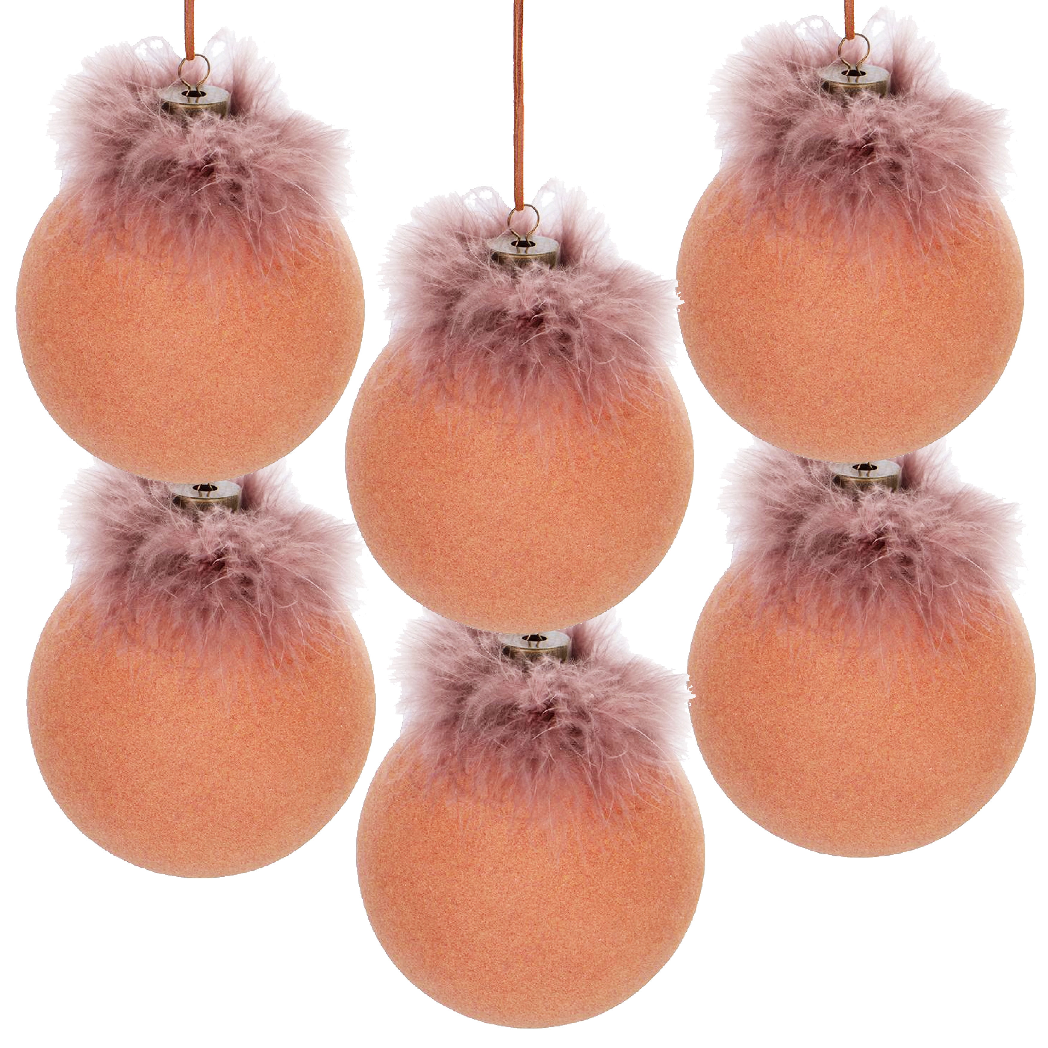 Set of 6 Glass Christmas Ball Ornaments with Flocking and Feather Design by Riccardo Tree Decor