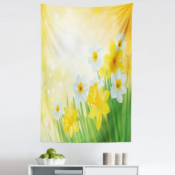 Floral Tapestry, Daffodils Garden Narcissus Rebirth and New Beginnings Celebration Graphic, Fabric Wall Hanging Decor for Bedroom Living Room Dorm, 5 Sizes, Green Yellow White, by Ambesonne