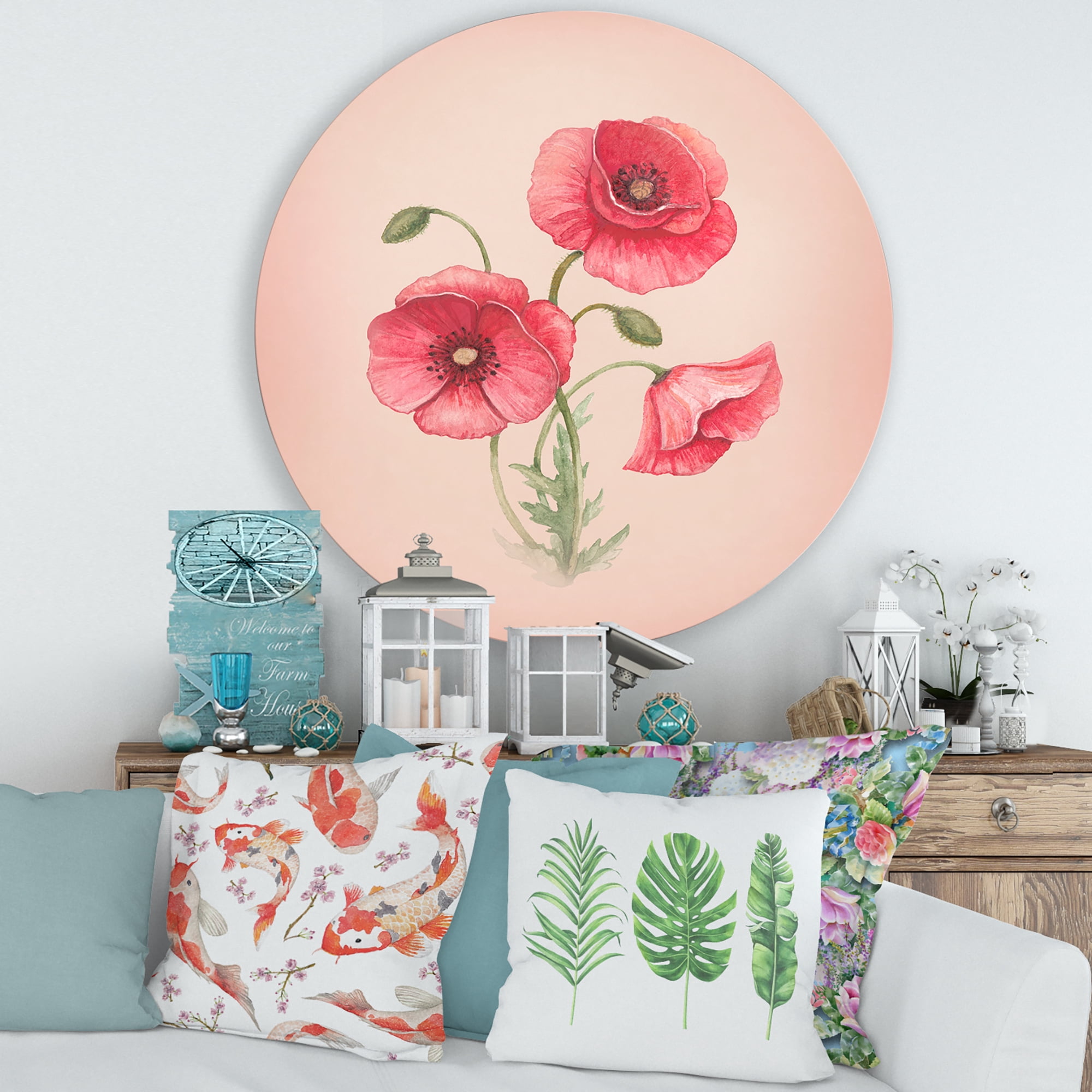 Designart 'Poppy Retro Flowers' Vintage Circle Metal Wall Art 36x36 - Disc of 36