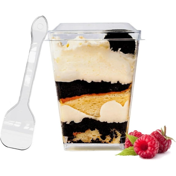 YunKo 5oz Dessert Cups with Flat Lids and Spoons, Plastic Mini Parfait Cups, Appetizer Cups Dessert shooter Cups Ice Cream Cheesecake Containers Fruit Cups Great for Party,100 Pack