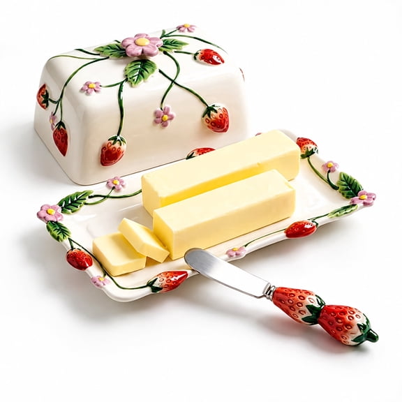 Ceramic Strawberry Butter Dish with Lid & Spreader, Large Countertop Container Holds 2 Sticks for Kitchen Decor