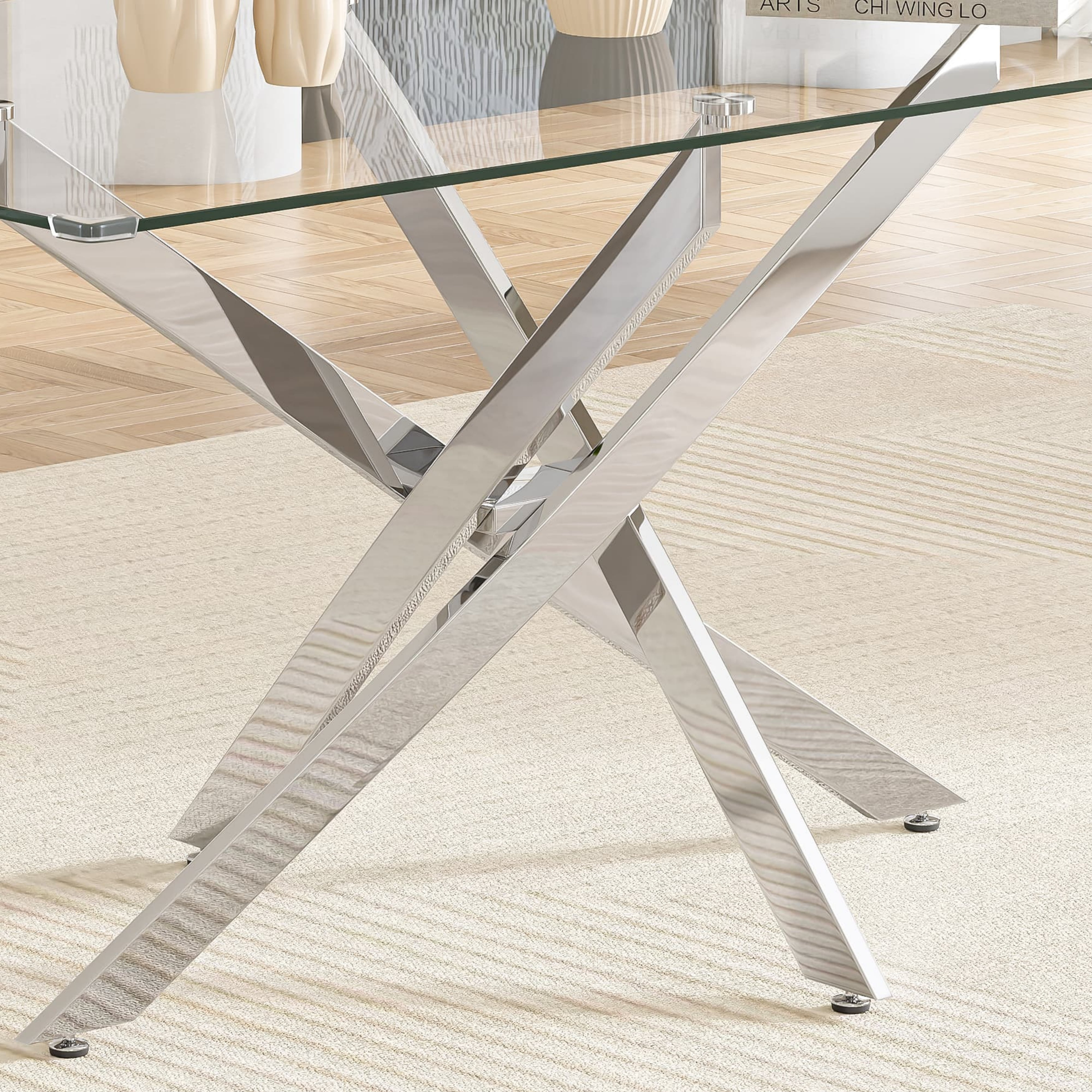 63" Rectangular Glass Dining Table, Modern Clear Tempered Glass Top with Silver Stainless Steel Cross-Legged Base, for Kitchen, Apartment, Living Room