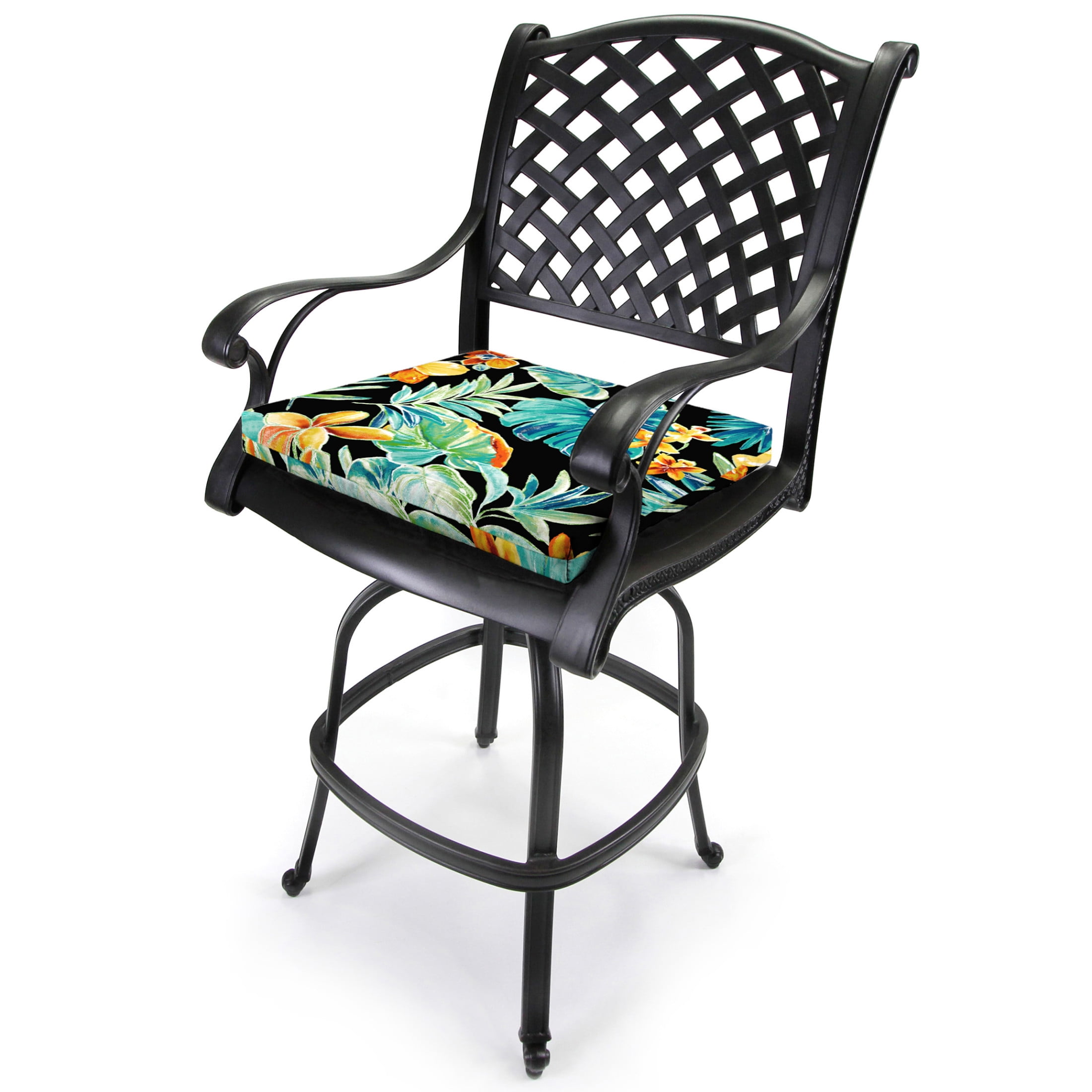 Jordan Manufacturing 17" x 19" Beachcrest Caviar Black Floral Rectangular Outdoor Chair Pad Seat Cushion with Ties (2 Pack)