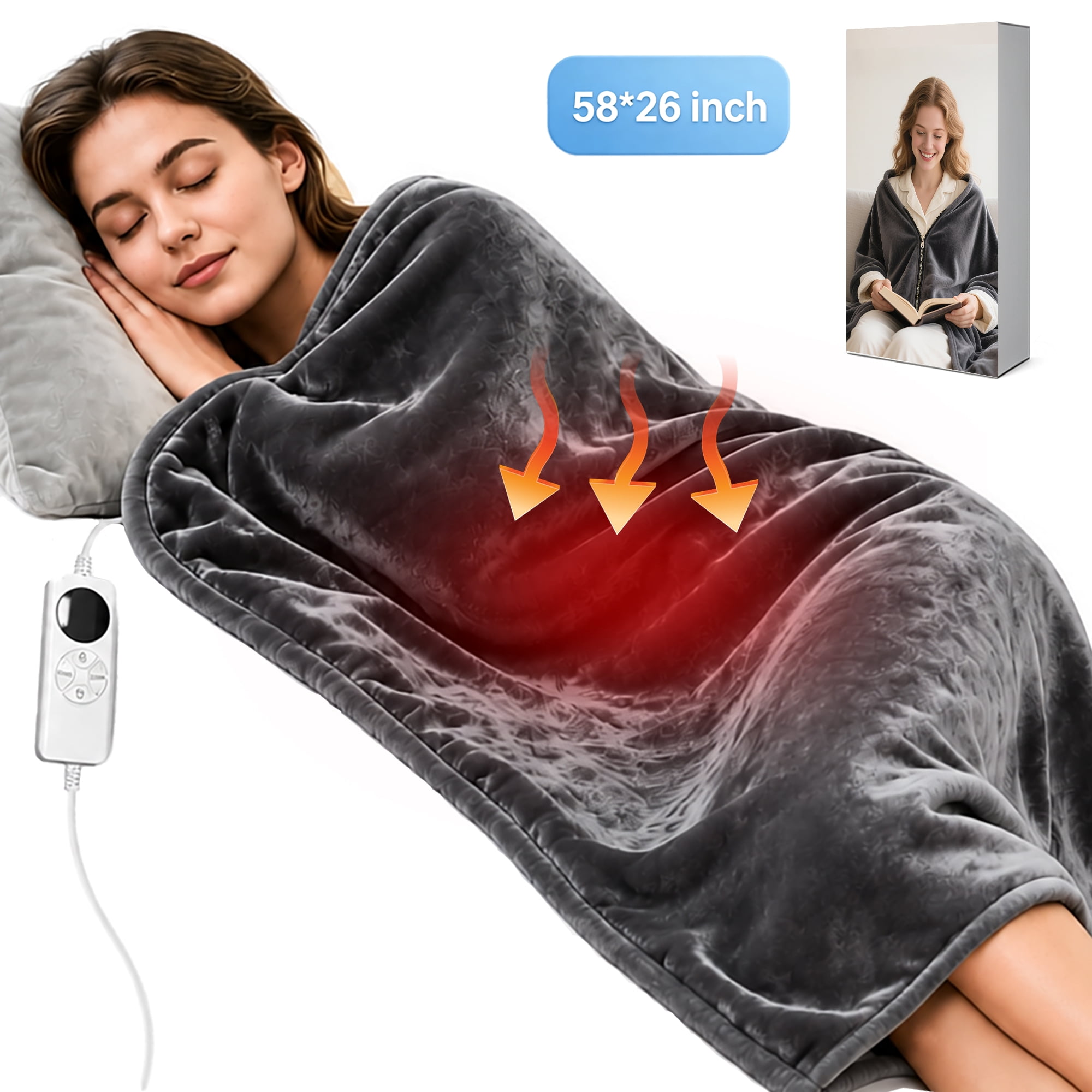 XXL Heating Pad, 58 x 26 Inch, Wearable Full Body Wrap with Zipper, 6 Heat Settings, Auto Shut-off, Soft Electric Blanket for Home and Office